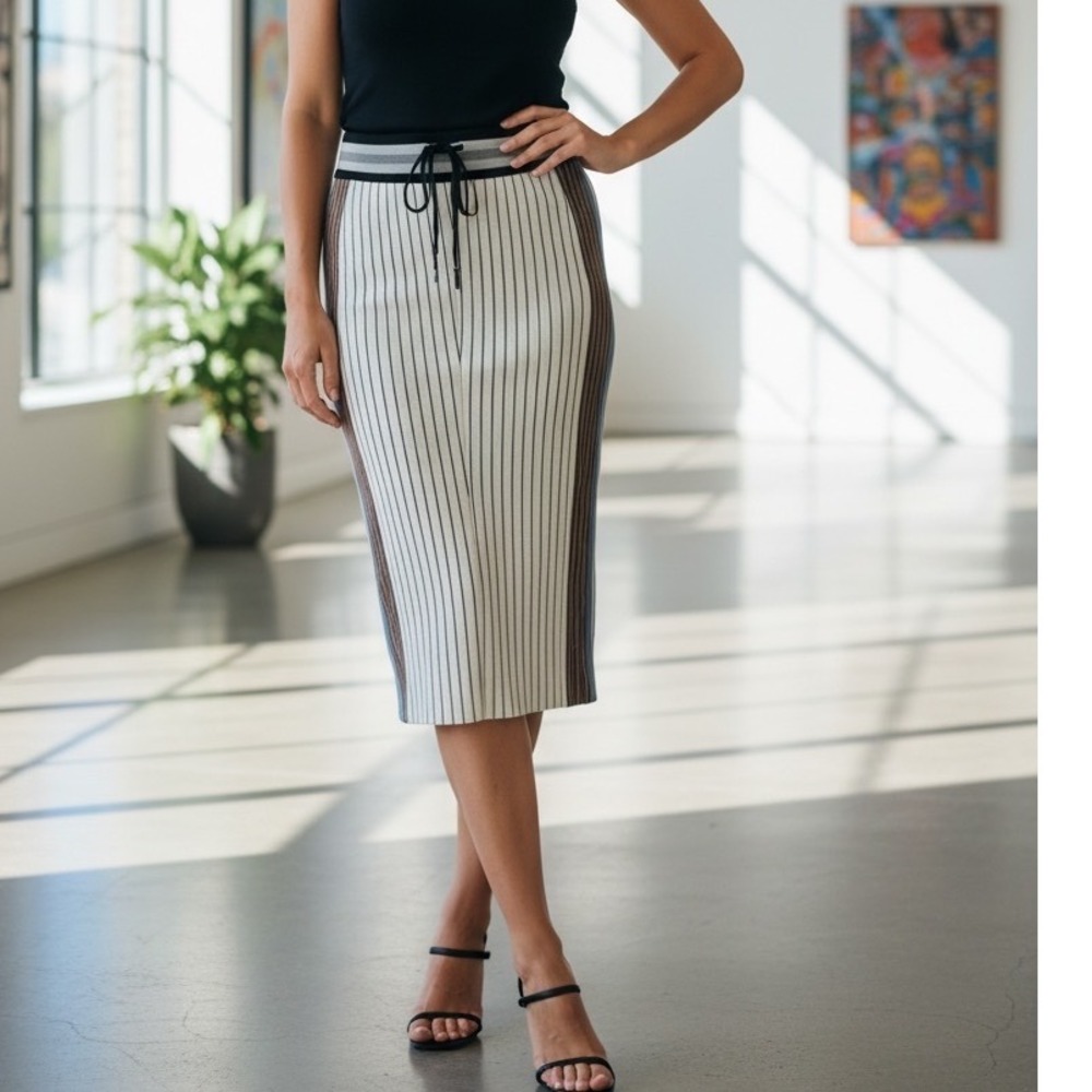 Byron Lars Beauty Mark Striped Knit Pencil Skirt Size 2 Cream Brown Blue Midi